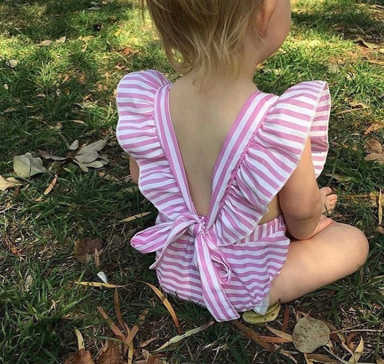 Pink Striped frill sleeve Romper